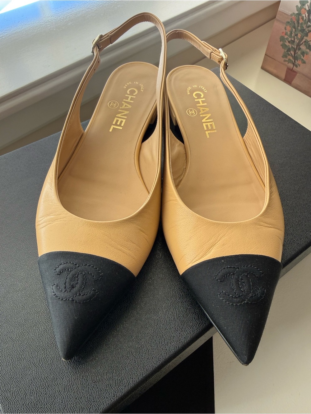 CHANEL Two-Tone Pointed Slingback Flats in Beige and Black - Picture 2 of 5
